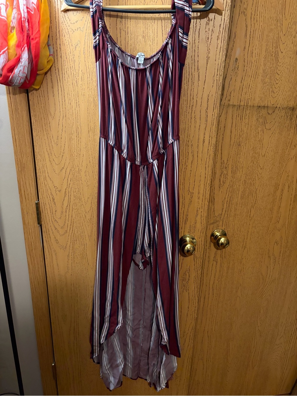 J for Justify Burgundy and White Striped High-Low Jumpsuit Romper